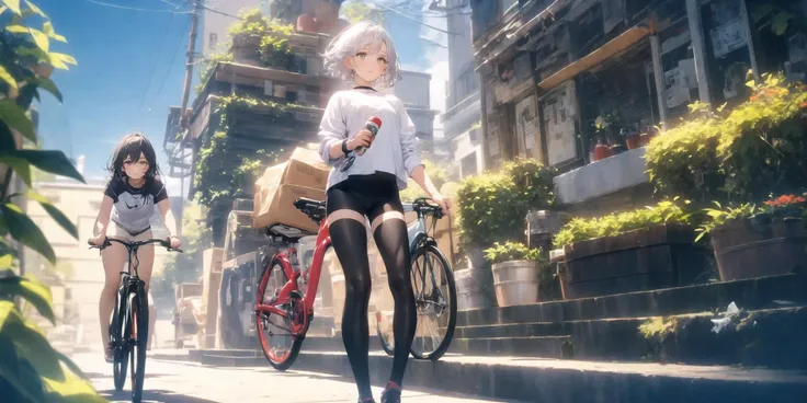 (masterpiece:1), (best quality:1),1girl, spiky hair, crew cut hair, salt and pepper hair, silver eyes, long legs, black leggings, multicolor bike shorts, wool, white theme, (orbiting:1.1)