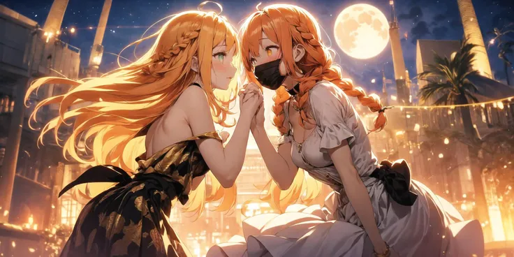 (masterpiece:1), (best quality:1),1girl, princess braids hair, bald, orange hair, peach eyes, teary eyes, diamond-shaped face, pale skin, dark skin, gold overall skirt, chiffon, surgical mask, choker, moon print, black theme, (golden ratio:1.15)