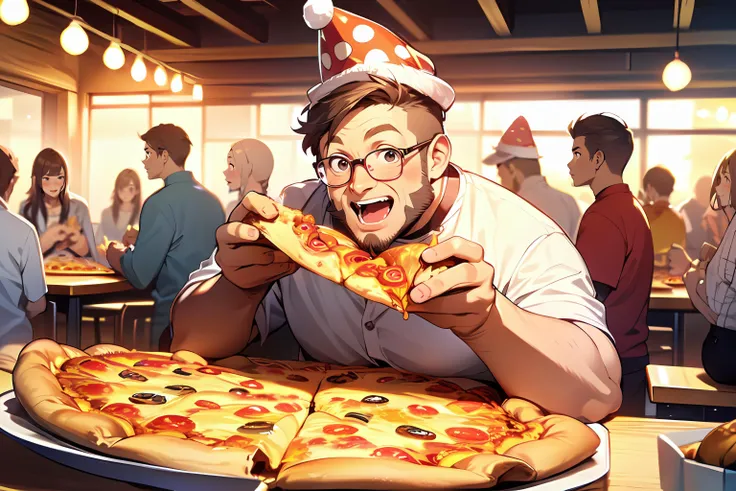 masterpiece, best quality, highres, ultra detailed, 1boy, fat ugly man, wearing glasses, wearing party hat, eating large pizza, party, crowd, indoors