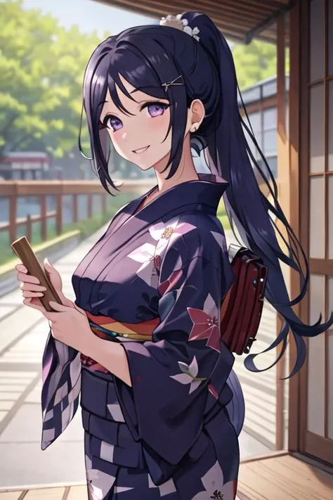 best quality, masterpiece, highres, solo, {yukata:1.40}, {kimono:1.20}, {matsuura_kanan_lovelivesunshine:1.15}, purple_eyes, blue_hair, long_hair, smile, ponytail, blush, bangs, sidelocks, breasts