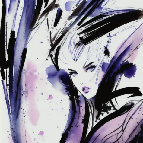 inked watercolor by bissett of superhero fashion shoot,  solo focus, <lora:bissett:1>, motion, expressive, high fashion, Haute couture