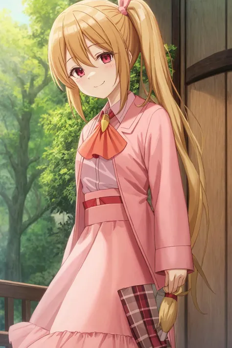 frederica, anime_art_style, 1girl, solo, long_hair, looking_at_viewer, smile, bangs, blonde_hair, shirt, red_eyes, bow, ribbon, hair_between_eyes, closed_mouth, upper_body, collared_shirt, side_ponytail, coat, ascot, :3, pink_ascot