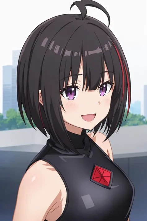 maple, anime_art_style, 1girl, solo, smile, short_hair, open_mouth, bangs, black_hair, hair_ornament, hair_between_eyes, bare_shoulders, purple_eyes, upper_body, ahoge, :d, sleeveless, armor, turtleneck, bob_cut, portrait, shield, sleeveless_turtleneck, lo...