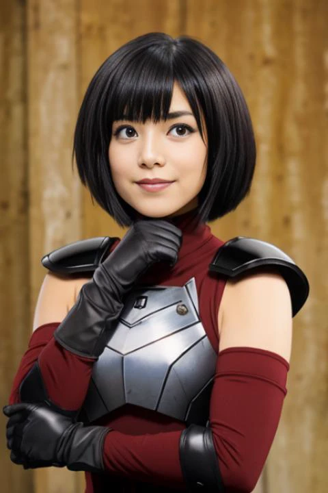 maple, cosplay, woman, solo, looking_at_viewer, smile, short_hair, bangs, black_hair, hair_ornament, gloves, holding, hair_between_eyes, bare_shoulders, closed_mouth, purple_eyes, upper_body, sky, elbow_gloves, armor, bob_cut, red_gloves, hair_strand, blac...