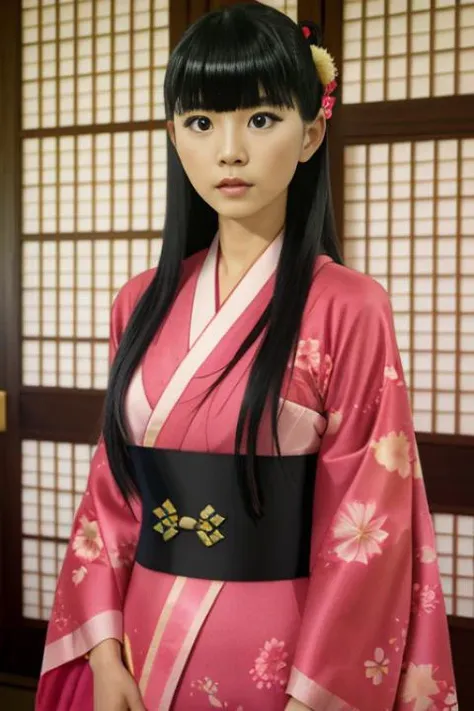 a woman in a pink kimono is standing in front of a screen