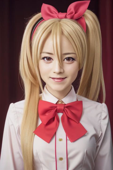 frederica, cosplay, 1girl, solo, long_hair, looking_at_viewer, smile, open_mouth, bangs, blonde_hair, shirt, red_eyes, long_sleeves, bow, ribbon, hair_between_eyes, hair_ribbon, upper_body, :d, side_ponytail, ascot, (realistic)