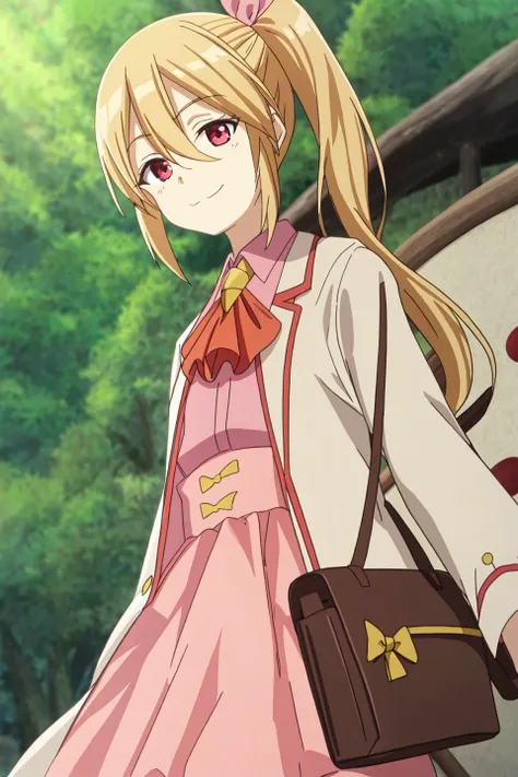 frederica, anime_art_style, 1girl, solo, long_hair, looking_at_viewer, smile, bangs, blonde_hair, shirt, red_eyes, bow, ribbon, hair_between_eyes, closed_mouth, upper_body, collared_shirt, side_ponytail, coat, ascot, :3, pink_ascot