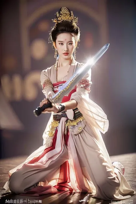 a woman in a dress holding a sword and a sword