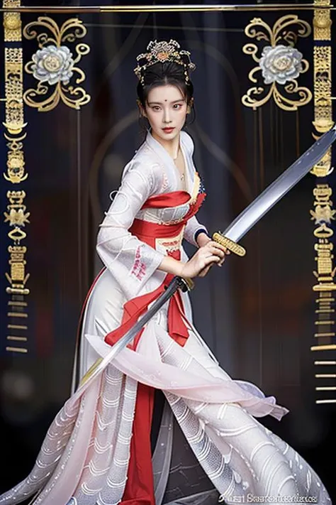 a close up of a woman in a white dress holding a sword