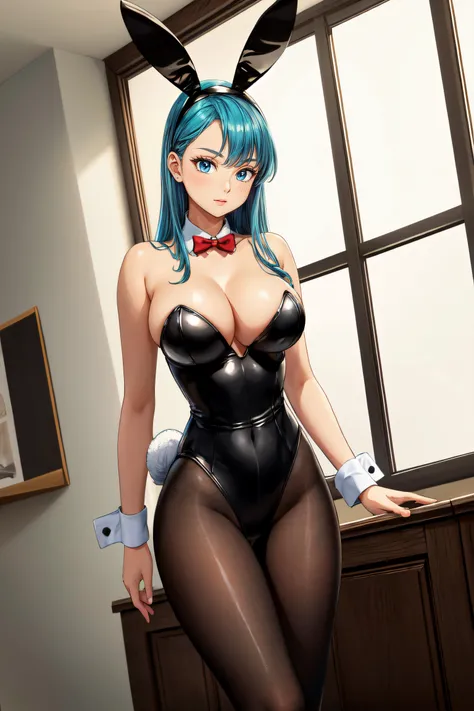 (masterpiece, best quality, ultra detailed, absurdres:1.5), 1girl, (sexy, beautiful woman, perfect face, perfect eyes, perfect female body, medium breasts:1.5), (bulma, blue hair, aqua hair, long hair, bangs, straight hair, playboy bunny, black leotard, st...