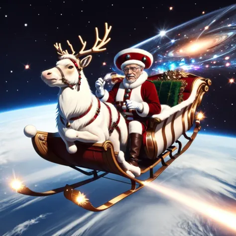 <lora:Atmosentrydeer_v1:0.5>, galaxy, space, fur-trimmed boots, fur-trimmed headwear, reindeer, old man, realistic, Atmospheric re-entry , sleigh, supernova, white gloves