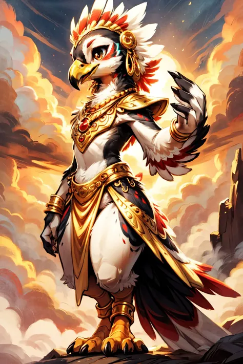 a painting of a bird with a golden headdress and a sword