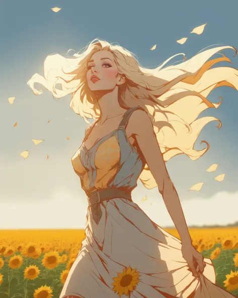 a woman in a dress is walking through a field of sunflowers