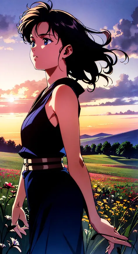 masterpiece, best quality, realistic lighting, 1girl, solo, 80sanimestyle,
young girl, 16 years old, medium black hair, blue eyes, light blue kimono, (bare arms), black cloth belt, 
walking, field of flowers, sunset, town in the distance, looking to the si...