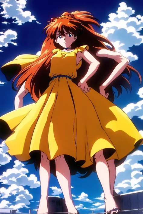 <lora:asukalangley:0.8>, asuka langley, evangelion, high detail, day time, 1980s (style), retro artstyle, 1girl, arms on hips, (wearing a yellow sundress:1.3), sky background, hands on hips, confident look, view from below, looking at viewer