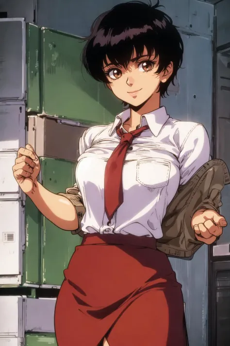 casca (berserk), 1girl, looking at the viewer, cowboy shot, muscular, in office shirt, black midi skirt, tie, impudent smile, short black hair, brown eyes, retro artstyle, 1980s (style)