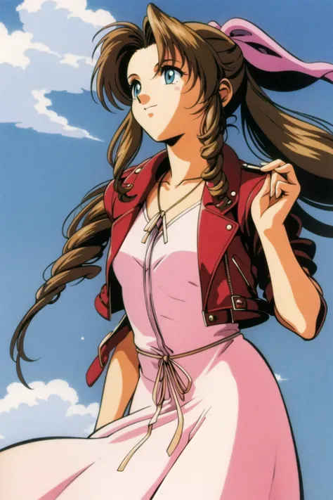 <lora:aerith-nvwls-v1:0.8>, aerith gainsborough, high detail, flower field background, 1980s (style), retro artstyle, 1girl, (wearing pink dress, jacket, happy), close up