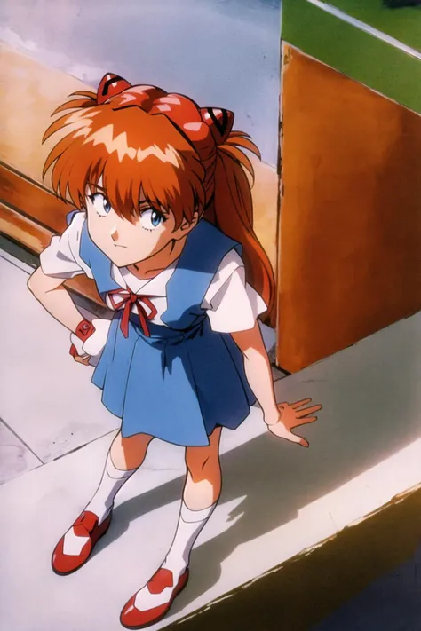 <lora:asukalangley:0.8>, asuka langley, evangelion, high detail, day time, 1980s (style), retro artstyle, 1girl, wearing a school dress, view from above