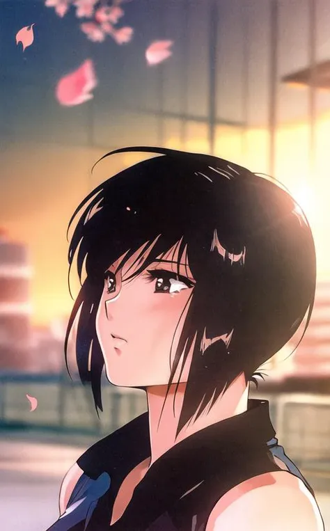 anime girl with black hair and black vest looking at the sky