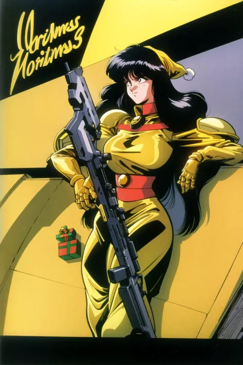 woman, long black hair, holding a rifle, golden armour, (wearing a yellow christmas hat:1.2), high detail, 1980s (style), retro artstyle, 1girl, yellow, cyberpunk