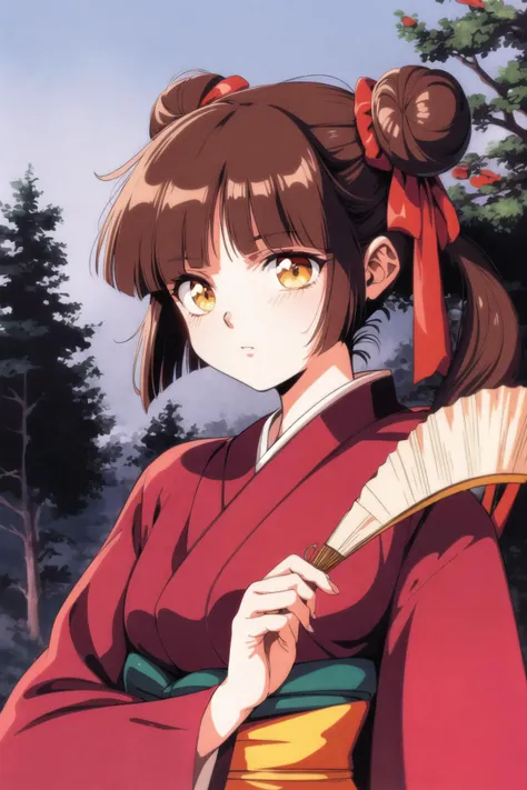 miyu (vampire princess miyu), 1girl, solo, long hair, looking at viewer, bangs, brown hair, ribbon, holding, brown eyes, hair ribbon, yellow eyes, upper body, sidelocks, japanese clothes, blunt bangs, kimono, hair bun, side ponytail, red ribbon, tree, sing...