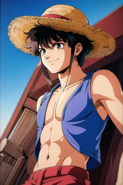 inakigodoy, luffy, a man, smiling <lora:inakigodoy:1>  red shirt, blue jeans, wearing a straw hat, in a pirate ship, 1980s (style) - 80s , retro artstyle