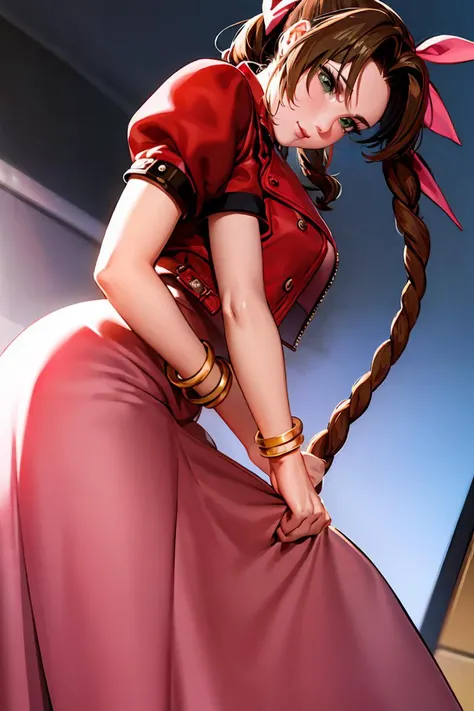 (masterpiece, best quality), 1girl,   <lora:aerithgainsborough-lora-nochekaiser:0.8> aerith gainsborough, braid, braided ponytail, (green eyes:1.5), hair ribbon, long hair, parted bangs, brown hair, sidelocks, bangle, bracelet, choker, cropped jacket, dres...