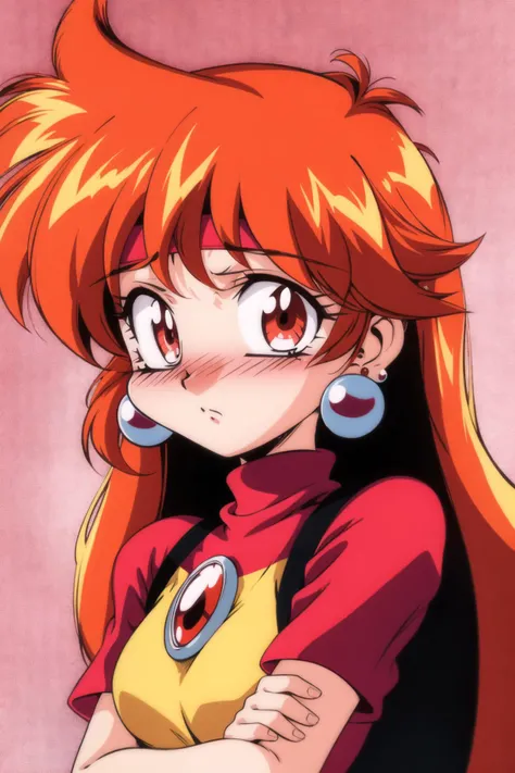 lina inverse, 1girl, solo, long hair, looking at viewer, blush, bangs, simple background, shirt, red eyes, brown eyes, jewelry, upper body, short sleeves, red hair, earrings, orange hair, headband, nose blush, turtleneck, red shirt, close-up, retro artstyl...