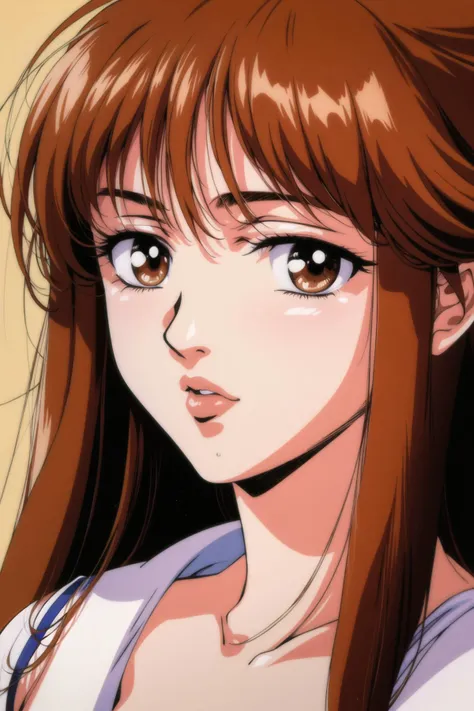 mia alice, dangaiou, by hirano toshihiro, 1girl, solo, long hair, looking at viewer, bangs, simple background, brown hair, brown eyes, parted lips, lips, eyelashes, portrait, close-up, brown background, retro artstyle, 1990s (style), 1980s (style)