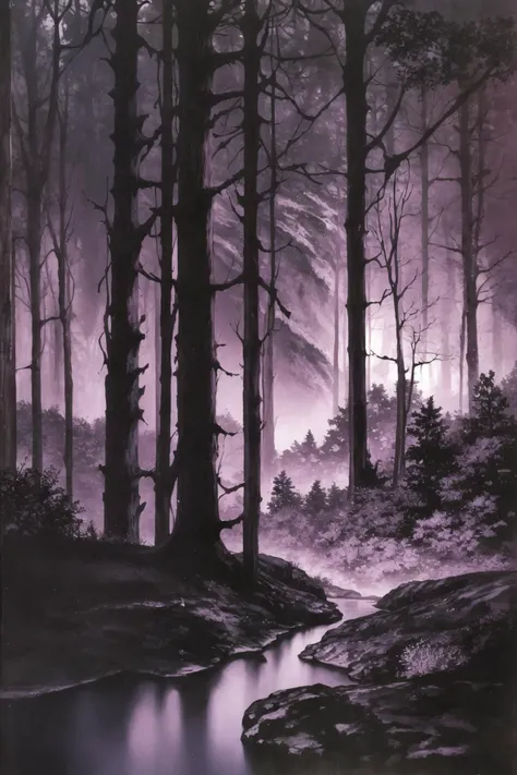 1980s (berserk), 1990s (style),retro artstyle, cinematic landscape, a forest with a river, magic aura, fantasy village