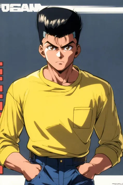 urameshi yuusuke, solo, looking at viewer, short hair, shirt, black hair, long sleeves, 1boy, brown eyes, closed mouth, standing, collarbone, male focus, cowboy shot, pants, artist name, character name, black shirt, copyright name, denim, casual, t-shirt, ...