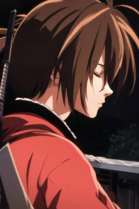 night shot of himura kenshin, solo, brown hair, 1boy, closed eyes, upper body, weapon, male focus, japanese clothes, sword, kimono, from side, profile, night, looking down, katana, sheath, sheathed, hair over eyes. Dark, lit, moody, mysterious