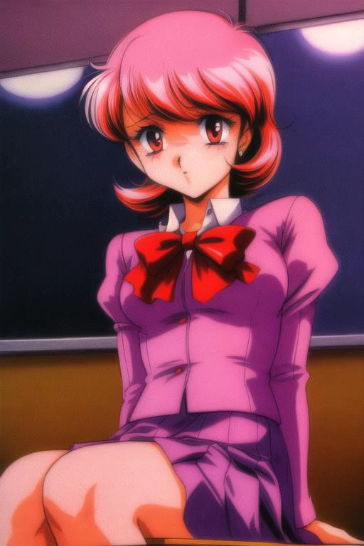 masterpiece:1.2, best quality, Yukari, school uniform, bow, skirt, class room, dark, night, sitting on desk, upper body, front view, urushihara satoshi, retro artstyle, 1980s (style), <lora:add_detail:1.0>, <lora:perkyBreasts_v10:0.75>, <lora:persona3_take...