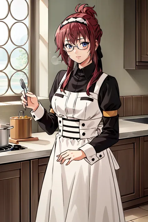 (masterpiece, best quality),  intricate details,
 1girl,   <lora:ANIME_LiliaGreyrat_aiwaifu-10:0.8> LiliaGreyrat_aiwaifu,  glasses, maid outfit, 
medium breasts, cooking, kitchen, apron, hair bun,  fantasy,  1990s (style),