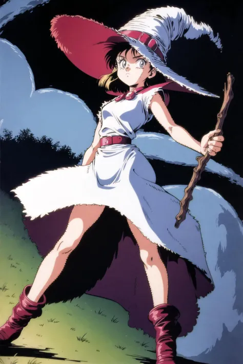 1990s (style), 1girl, witch, entering a wood, white hat, retro artstyle, style of Akira,