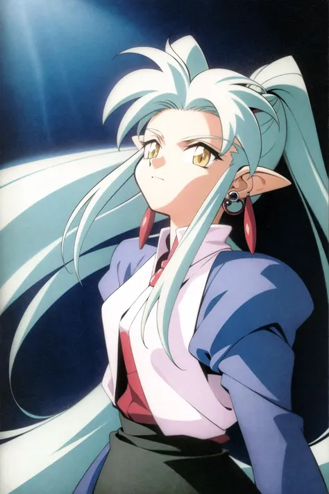 ryouko (tenchi muyou!), 1girl, solo, long hair, long sleeves, jewelry, blue hair, yellow eyes, white hair, earrings, 1990s (style)