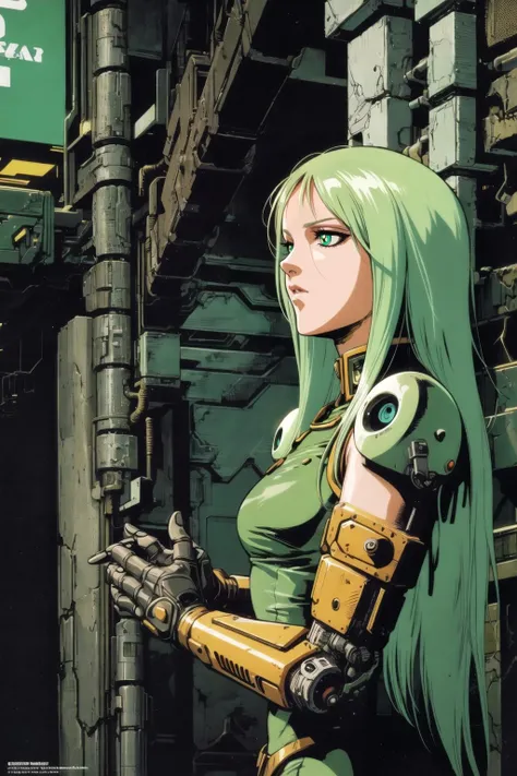 a woman with green hair and a green top standing in front of a building