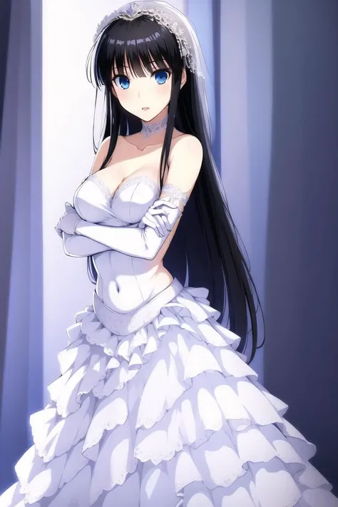 masterpiece, best quality,
1girl, Touma Kazusa, black hair,  beautiful blue eyes, <lora:Touma Kazusa_20230716214229:1>,
white wedding dress, bride, wedding vails, white wedding gloves, lace trimmed,  Strappy back wedding dress