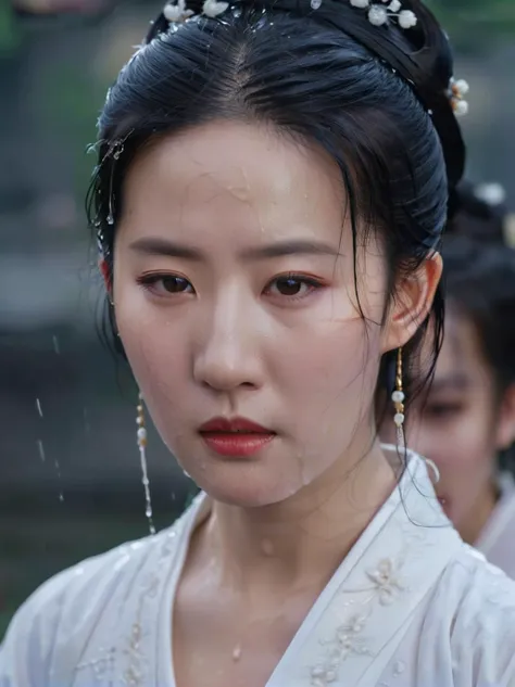 a close up of a woman in a white dress with a flower in her hair