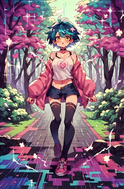 a girl in a pink jacket and black shorts walking down a path