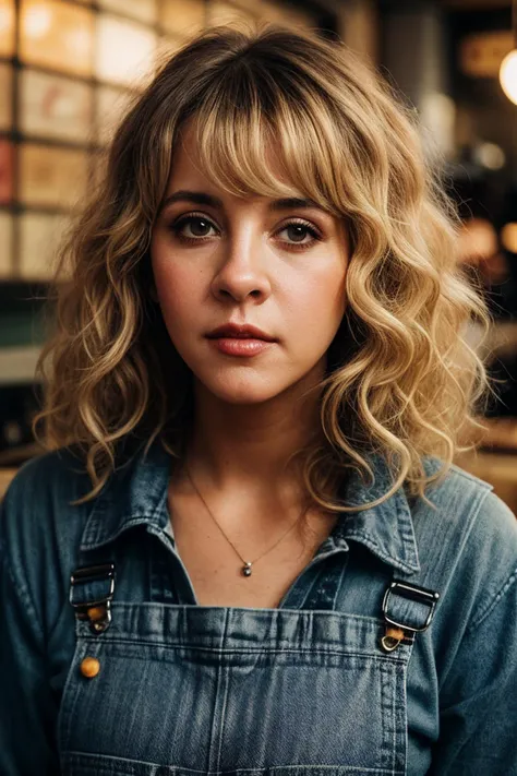 photo of beautiful (stn1cks:0.99), a young woman with perfect ((curly)) blonde hair, wearing Burnt Orange (overalls:1.1),  (ramen shop:1.1), closeup, (happy) modelshoot style, (extremely detailed CG unity 8k wallpaper), professional majestic photography, (...