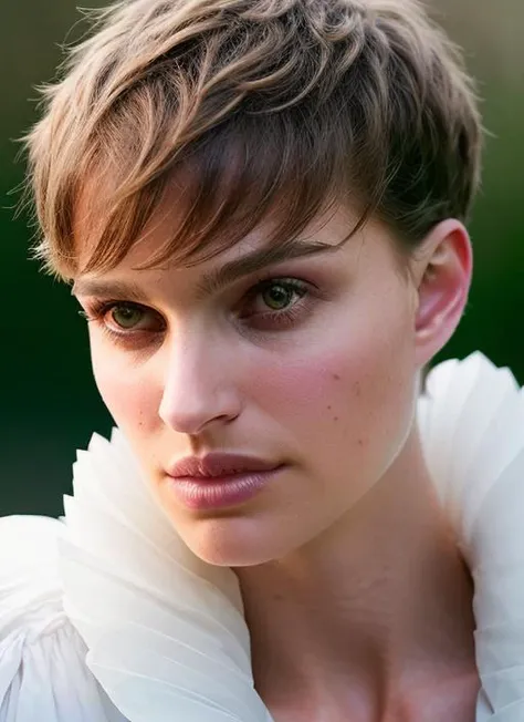 portrait of skswoman, sleepy , wearing couture , with Layered haircut , background moon epic (photo, studio lighting, hard light, sony a7, 50 mm, matte skin, pores, colors, hyperdetailed, hyperrealistic), <lyco:Natalie Portman:1.1>