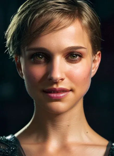 portrait of skswoman, smile , wearing evening gown , with Pixie cut , background cyberpunk city epic (photo, studio lighting, hard light, sony a7, 50 mm, matte skin, pores, colors, hyperdetailed, hyperrealistic), <lyco:Natalie Portman:1.2>