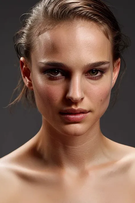 portrait of young skswoman, topless, slick hair, oiled skin, grey background, (tilted angle,tilted head pose:1.1),
 <lora:Natalie Portman:1>