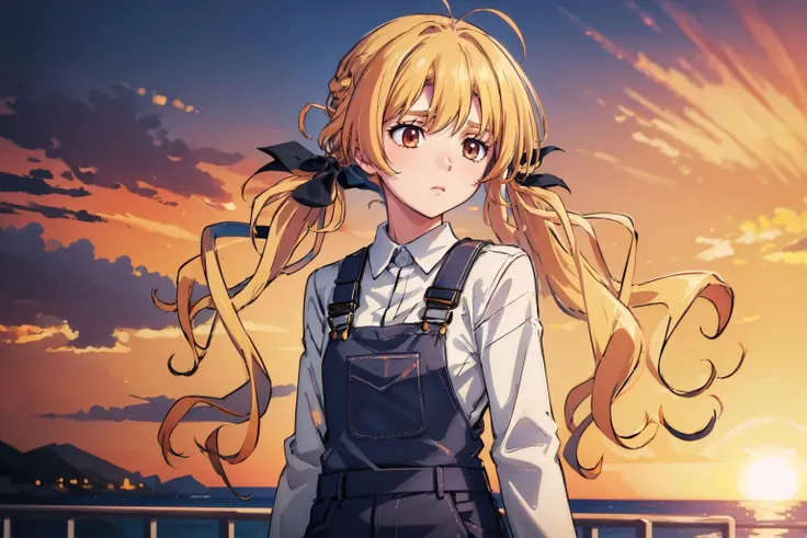 <lora:OriharaKozue:0.9> OriharaKozue, blonde hair, black hair ribbon, white sweater, black overalls
masterpiece, best quality, absurdres, orange sky, cliffside, overlooking ocean, wistful expression, looking over horizon