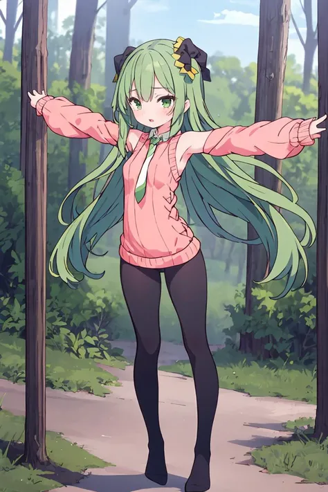 (masterpiece, best quality), 1girl, Forest green Long Layered Hair, small breasts, Coral Tie-back top and Knit leggings with a cable-knit pattern, over-kneehighs, Standing with arms stretched upwards, reaching for the sky.