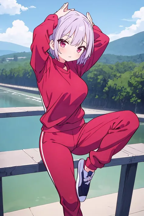 (masterpiece, best quality), 1girl, Pastel Purple Sleek Straight Hair, Size A breasts, Burgundy Brown Peplum top and Track pants, ankle socks, Balancing on one foot on a narrow bridge, arms extended, symbolizing balance and determination.