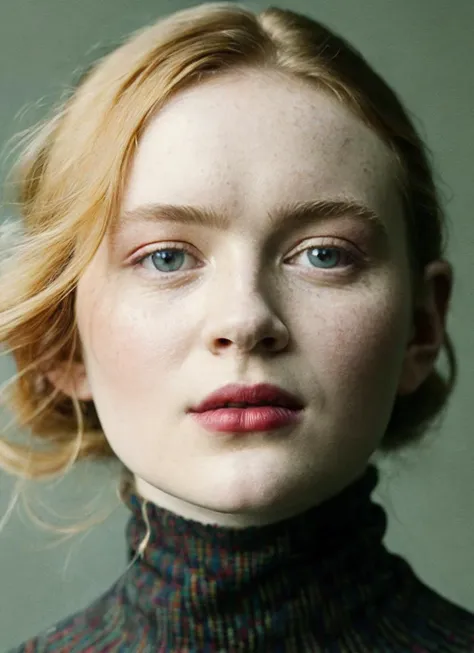 a close up of a woman with a turtle neck sweater