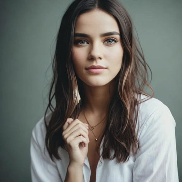 a woman with long hair and a white shirt posing for a picture