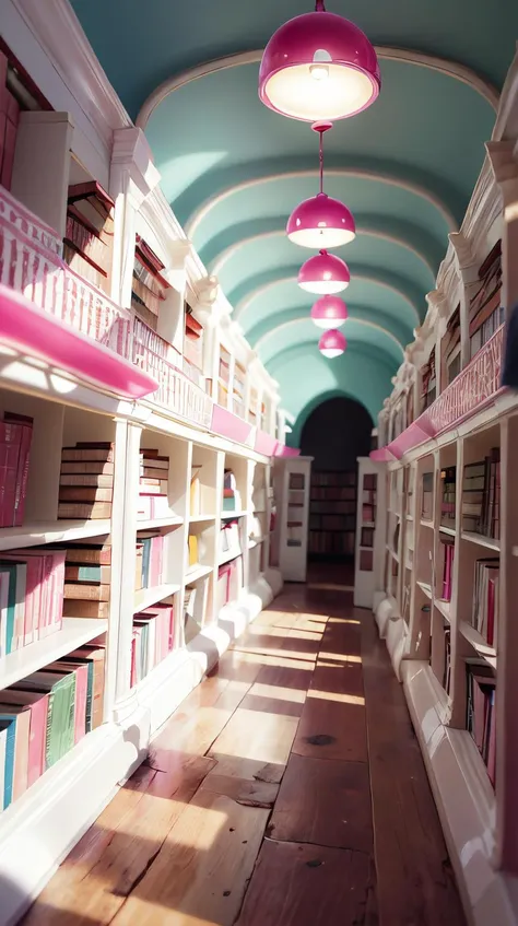 <lora:BarbieCore:0.8> BarbieCore an ancient library with books opening to reveal different worlds, (shiny plastic:0.8), (pink and white:0.9), (pastel:0.85)